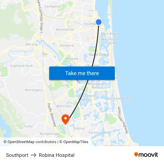 Southport to Robina Hospital map