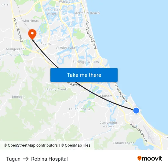 Tugun to Robina Hospital map