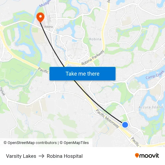 Varsity Lakes to Robina Hospital map