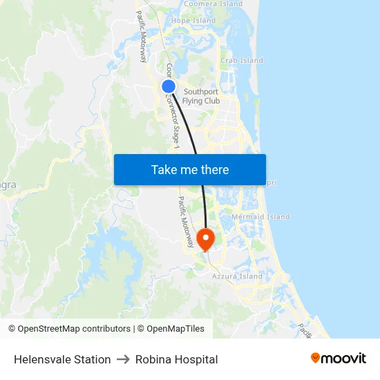 Helensvale Station to Robina Hospital map