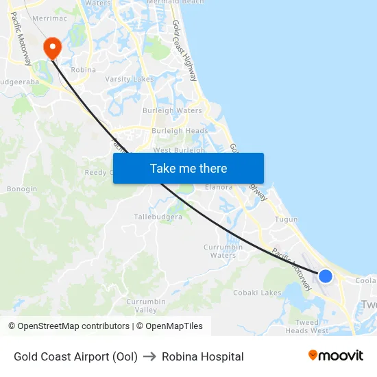 Gold Coast Airport (Ool) to Robina Hospital map