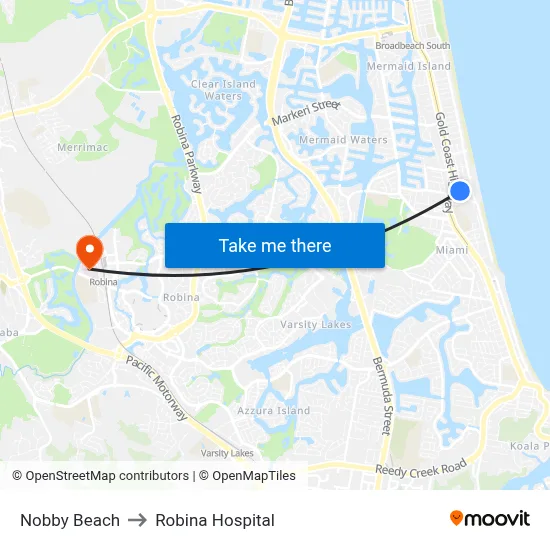 Nobby Beach to Robina Hospital map