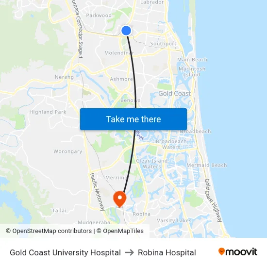 Gold Coast University Hospital to Robina Hospital map