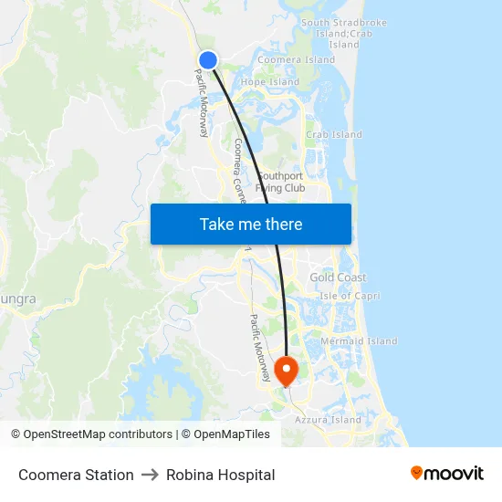 Coomera Station to Robina Hospital map