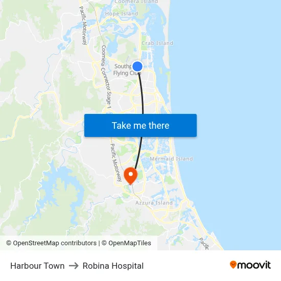 Harbour Town to Robina Hospital map