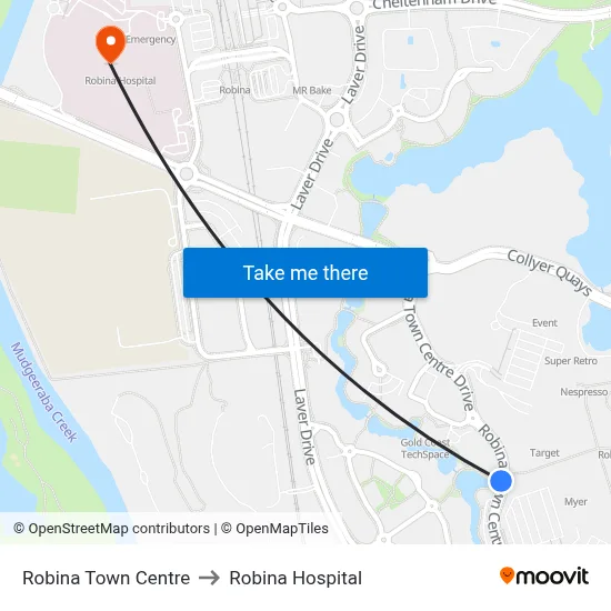 Robina Town Centre to Robina Hospital map