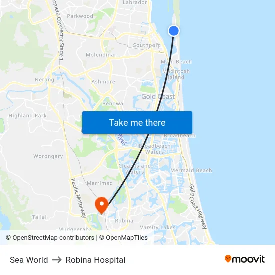 Sea World to Robina Hospital map