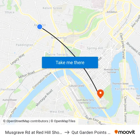 Musgrave Rd at Red Hill Shops, Stop 8 to Qut Garden Points Campus map