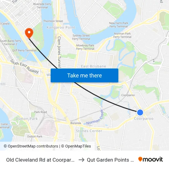 Old Cleveland Rd at Coorparoo Stop 23 to Qut Garden Points Campus map