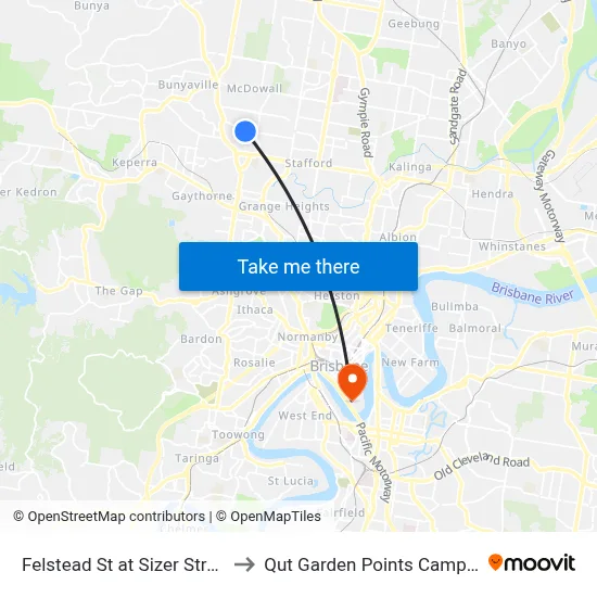Felstead St at Sizer Street to Qut Garden Points Campus map
