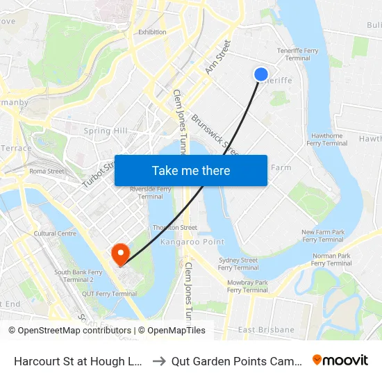 Harcourt St at Hough Lane to Qut Garden Points Campus map
