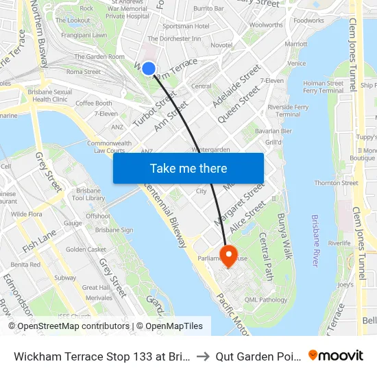 Wickham Terrace Stop 133 at Brisbane Private Hospital to Qut Garden Points Campus map