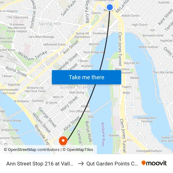 Ann Street Stop 216 at Valley Island to Qut Garden Points Campus map