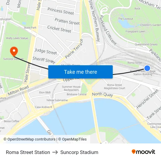 Roma Street Station to Suncorp Stadium map