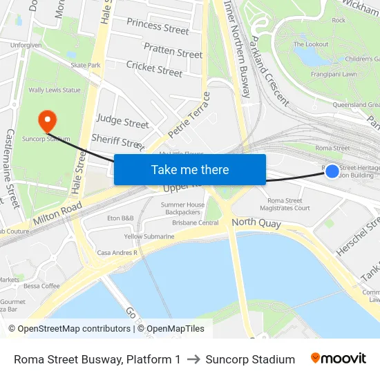 Roma Street Busway, Platform 1 to Suncorp Stadium map