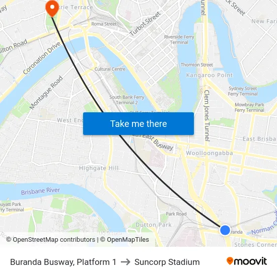 Buranda Busway, Platform 1 to Suncorp Stadium map