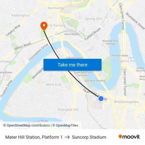 Mater Hill Station, Platform 1 to Suncorp Stadium map