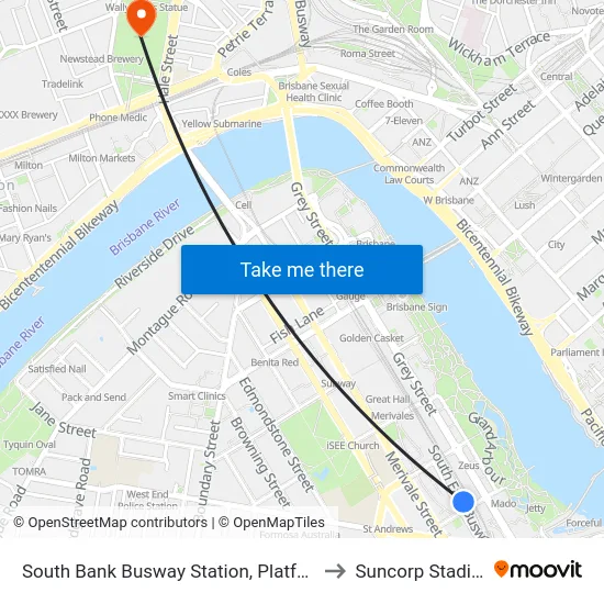 South Bank Busway Station, Platform 2 to Suncorp Stadium map