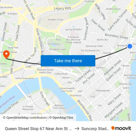 Queen Street Stop 67 Near Ann St (Orient) to Suncorp Stadium map