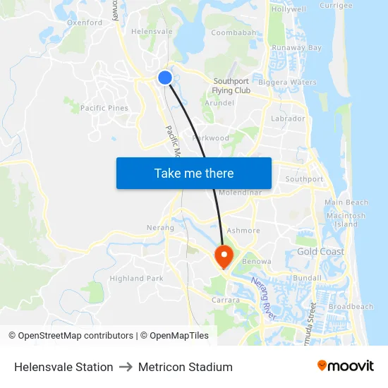Helensvale Station to Metricon Stadium map
