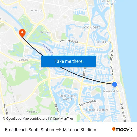 Broadbeach South Station to Metricon Stadium map