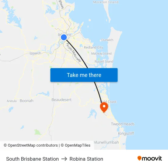 South Brisbane Station to Robina Station map