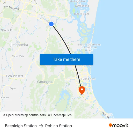 Beenleigh Station to Robina Station map