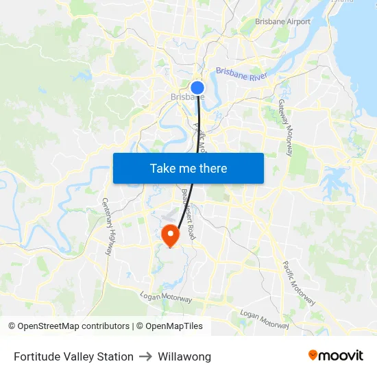 Fortitude Valley Station to Willawong map