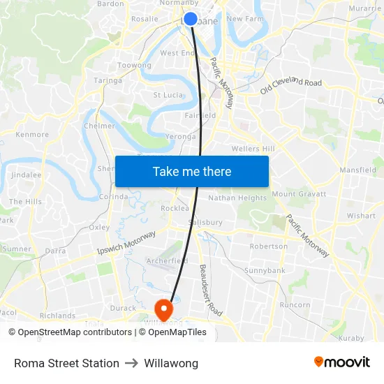 Roma Street Station to Willawong map