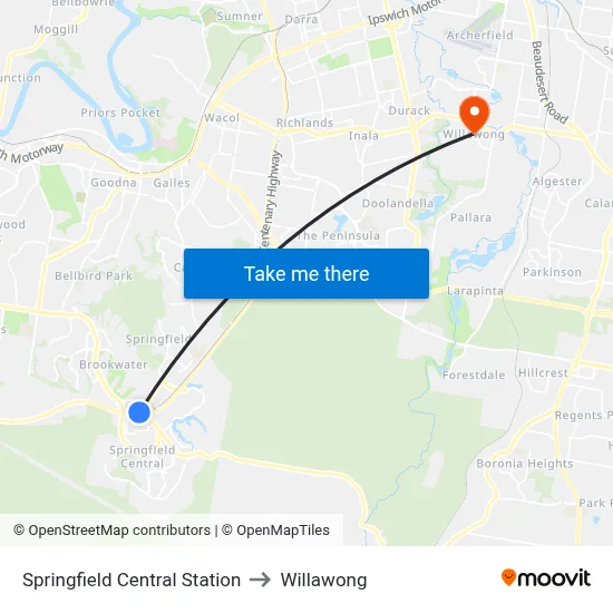 Springfield Central Station to Willawong map