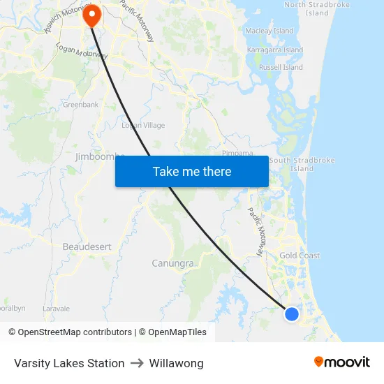 Varsity Lakes Station to Willawong map