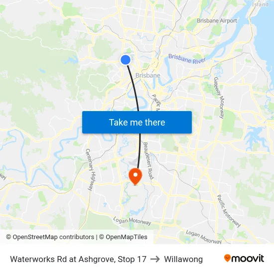 Waterworks Rd at Ashgrove, Stop 17 to Willawong map