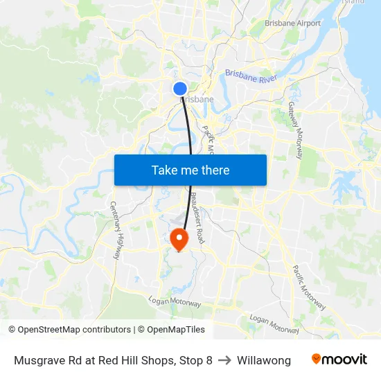 Musgrave Rd at Red Hill Shops, Stop 8 to Willawong map