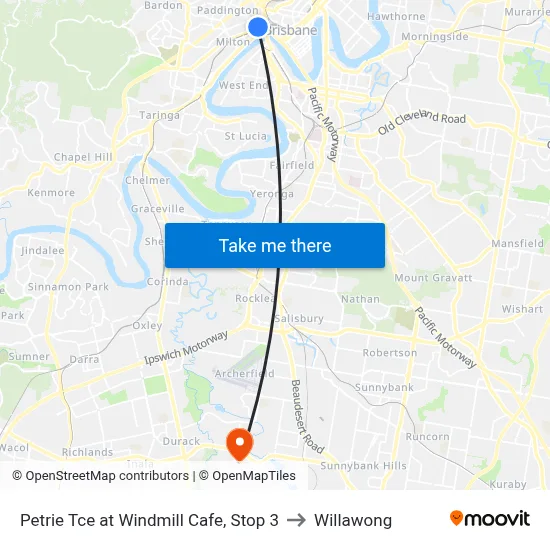 Petrie Tce at Windmill Cafe, Stop 3 to Willawong map
