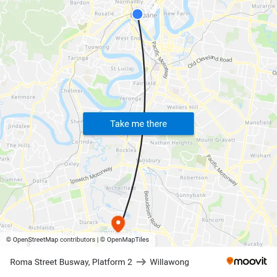 Roma Street Busway, Platform 2 to Willawong map