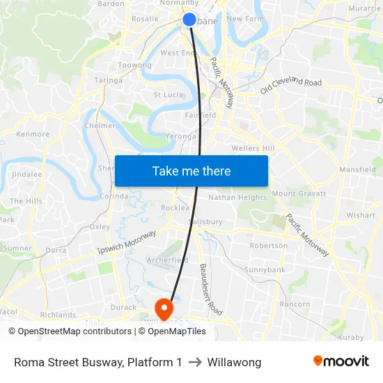 Roma Street Busway, Platform 1 to Willawong map