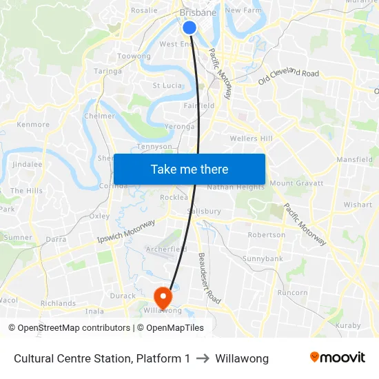 Cultural Centre Station, Platform 1 to Willawong map