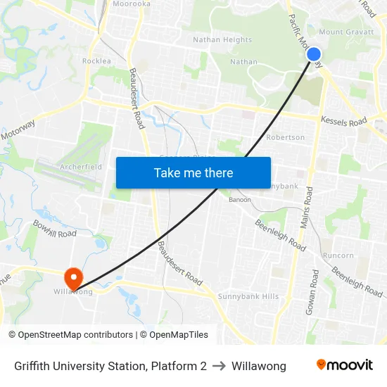 Griffith University Station, Platform 2 to Willawong map