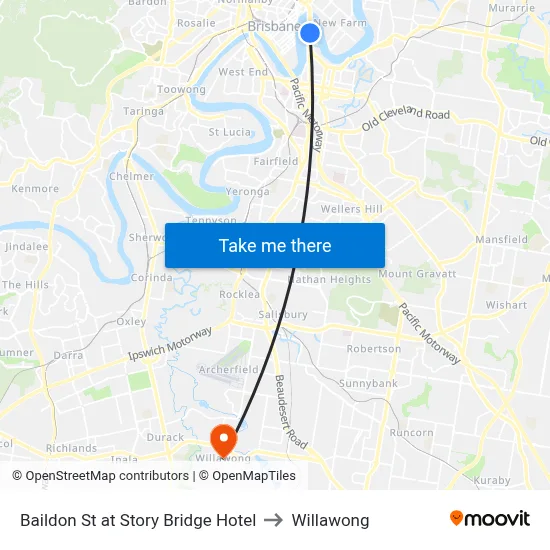 Baildon St at Story Bridge Hotel to Willawong map