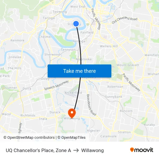 UQ Chancellor's Place, Zone A to Willawong map