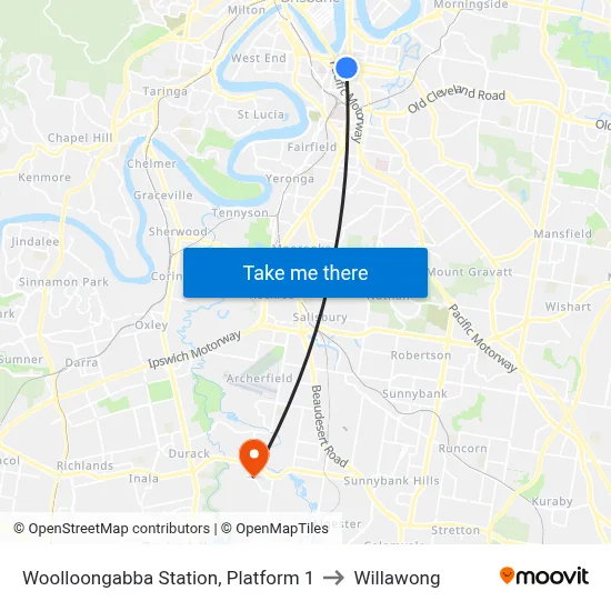 Woolloongabba Station, Platform 1 to Willawong map