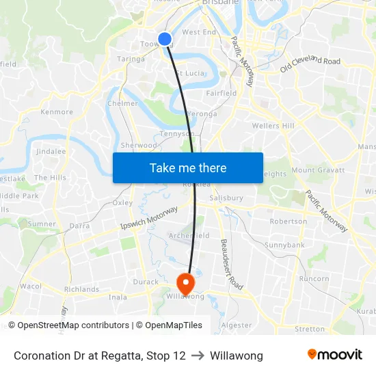 Coronation Dr at Regatta, Stop 12 to Willawong map
