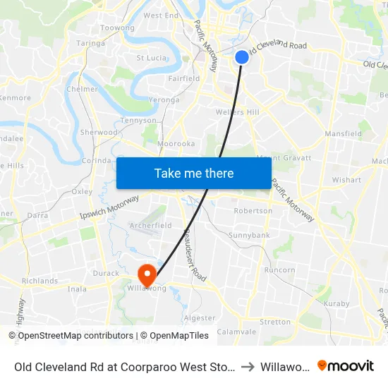 Old Cleveland Rd at Coorparoo West Stop 19 to Willawong map