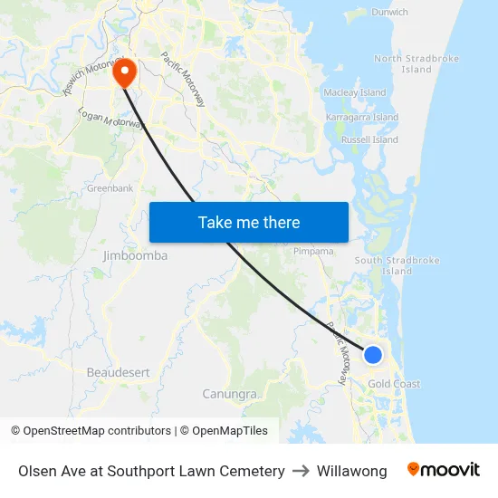 Olsen Ave at Southport Lawn Cemetery to Willawong map
