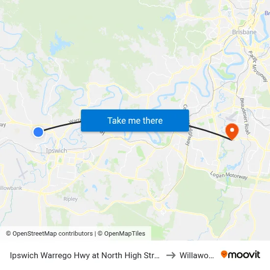Ipswich Warrego Hwy at North High Street to Willawong map