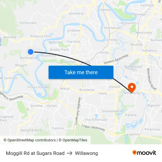 Moggill Rd at Sugars Road to Willawong map