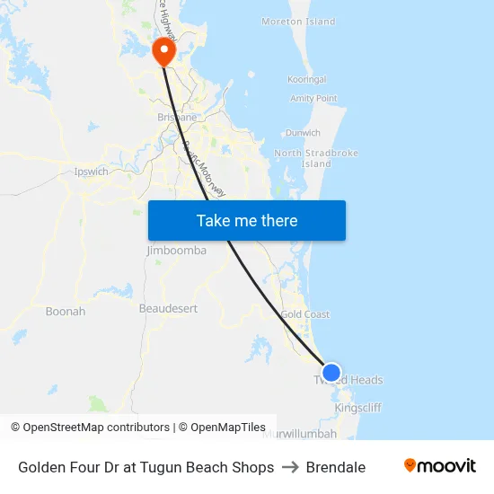 Golden Four Dr at Tugun Beach Shops to Brendale map