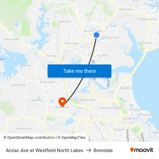 Anzac Ave at Westfield North Lakes to Brendale map