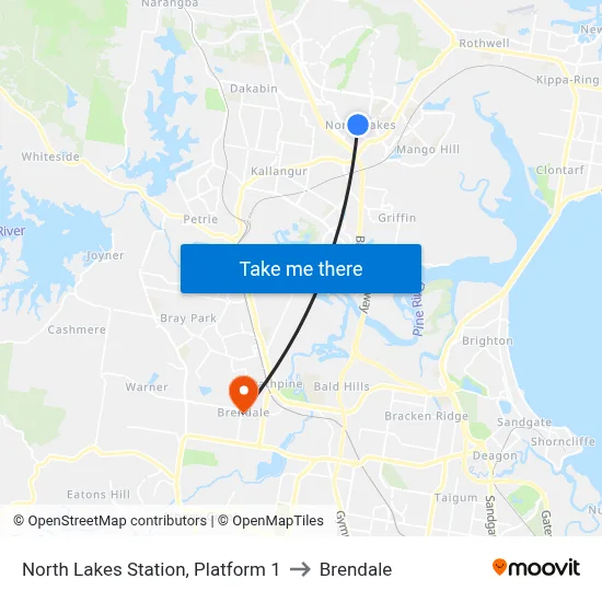 North Lakes Station, Platform 1 to Brendale map