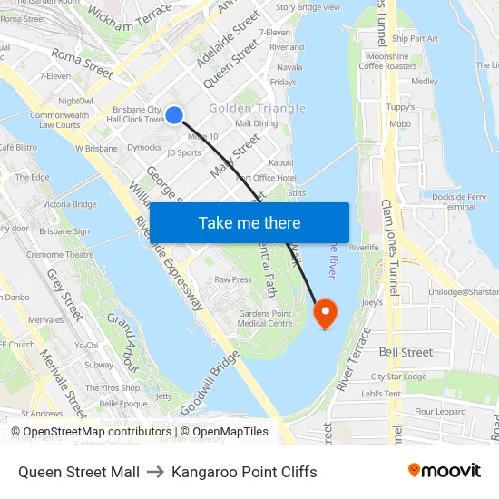 Queen Street Mall to Kangaroo Point Cliffs map